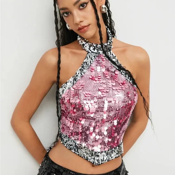 Cider NWT PINK SEQUIN HALTER NECKLINE CONTRASTING BINDING CROP TANK TOP - Medium - Picture 1 of 6